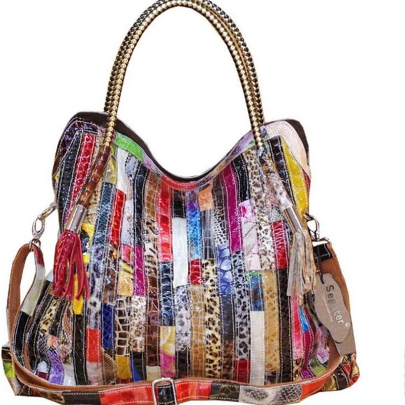 Unique Colorful 3D Leaves Handbag | Cow Patent Leather Tote & Crossbody Bag With Snake Print Splicing